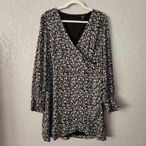 Lulu's Fall Into You Black Floral Print Long Sleeve Faux-Wrap Dress Size XL